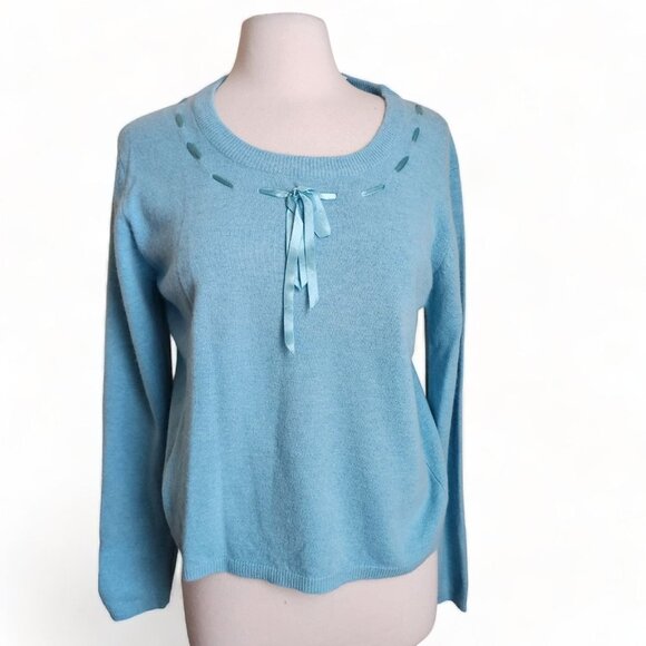 VTG Stephanie Andrews Womans‎ Sweater Large Ribbon Blue Ribbed Lambswool Angora - Picture 1 of 14